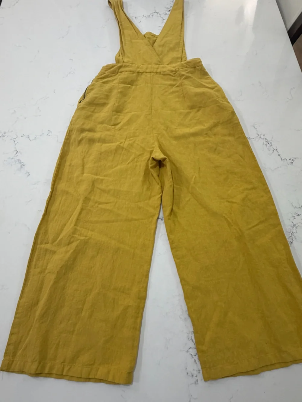 Zara Mustard Yellow Linen Blend Wide Leg Overalls Jumpsuit Sz M